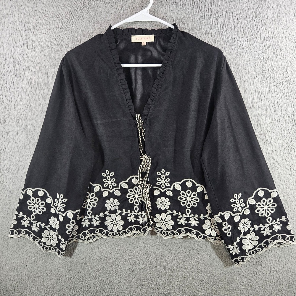 Solitaire Womens Black Embroidered Floral Tie Front Cardigan Top Size L